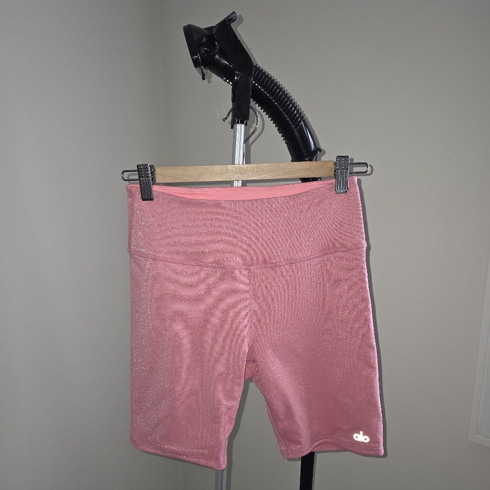 ALO Yoga Shimmer Glitter Pink High-Rise Biker Shorts 7" S - Picture 4 of 10